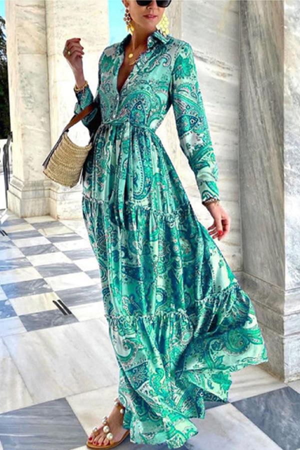 Retro Print Long Sleeve Shirt Dress