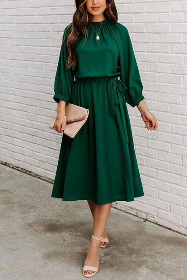 Solid Tie Waist Long Sleeve Swing Dress