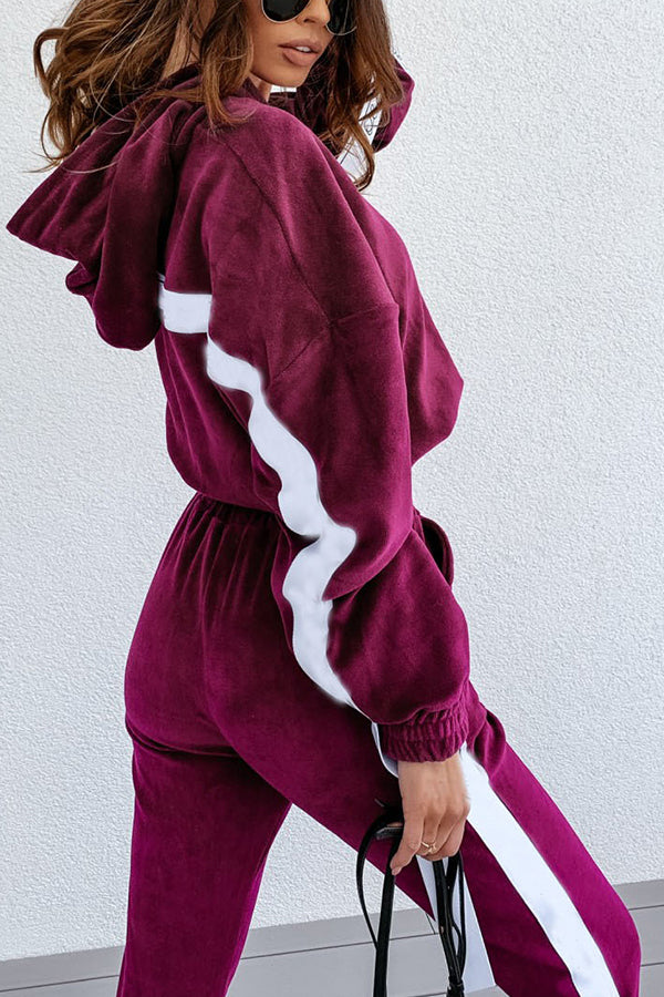 Pure Color Hooded Long-sleeved Gold Velvet Two-piece Suit