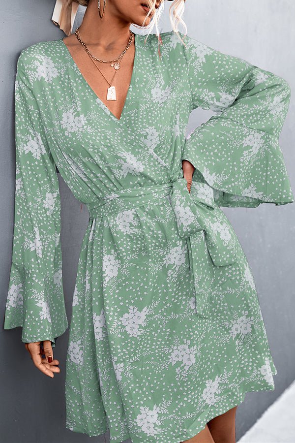 V-Neck Cross Flare Sleeves Printed Lace-Up Mini Dress