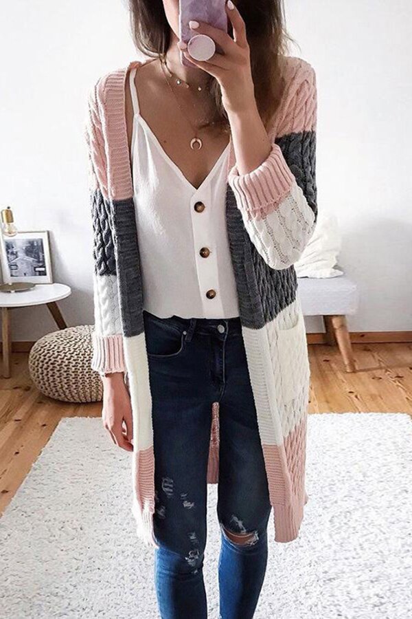 Simple Pocket Stitching Contrast Twist Sweater Cardigan