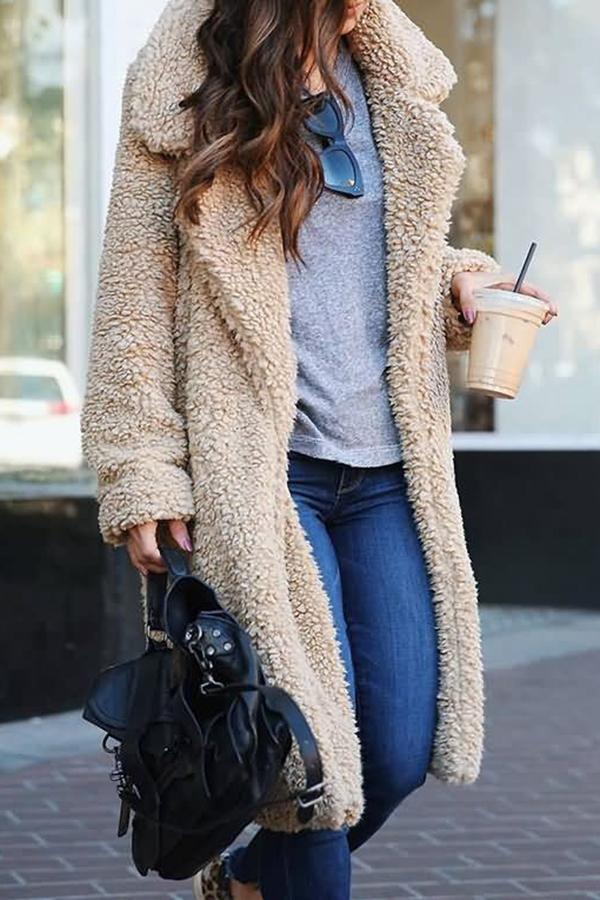 Fluffy Long Sleeve Solid Color Outerwear