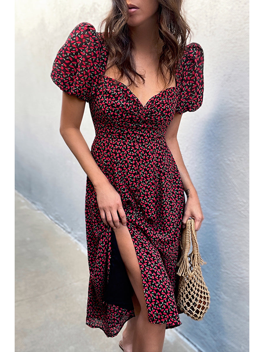 Floral Print Bubble Sleeve Dress