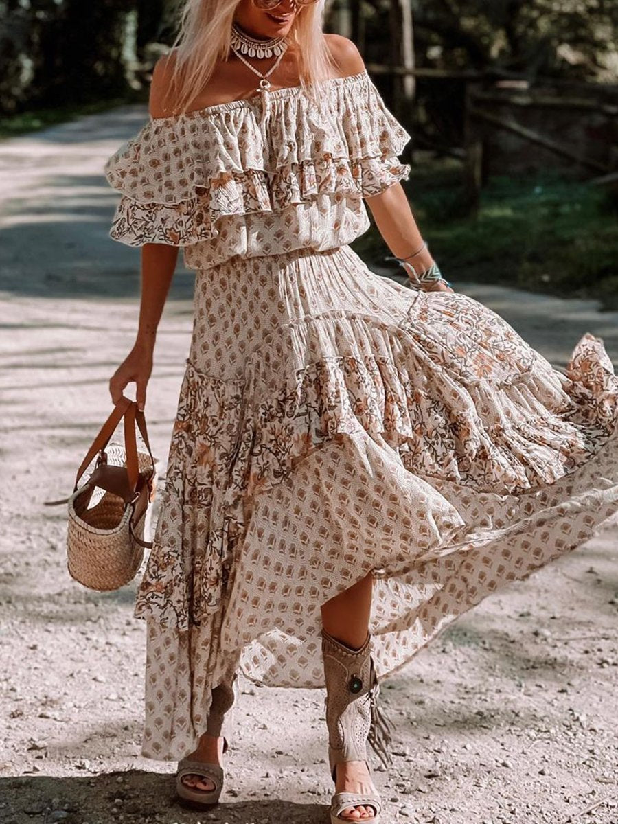 Off-the-shoulder Ruffle Smocked Print Maxi Dress