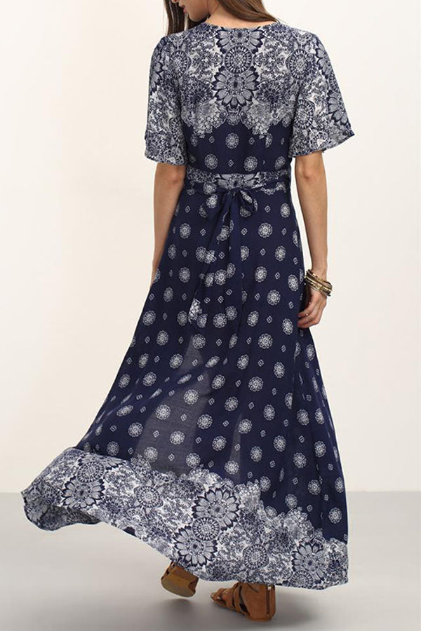 Printed Cross V-neck Belt Short Sleeve Dress
