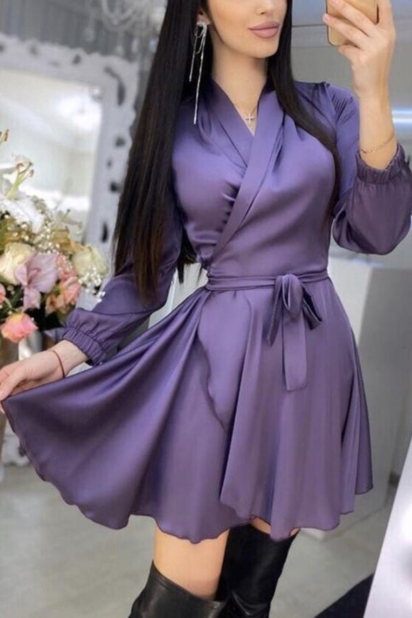 Solid Color Lace-up Waist Dress