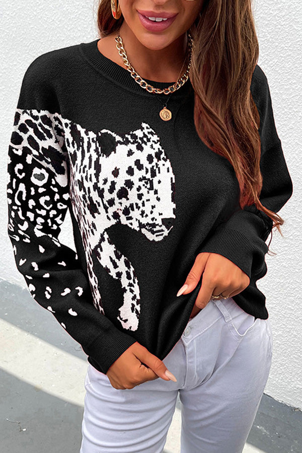 Long Sleeve Animal Print Round Neck Sweater
