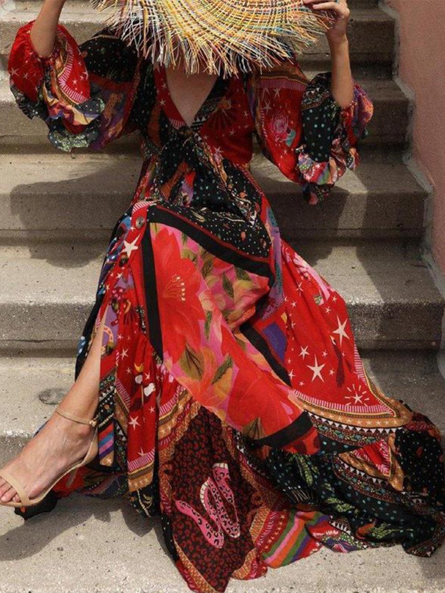 Glamorous Print V-Neck Long Sleeve Maxi Dress