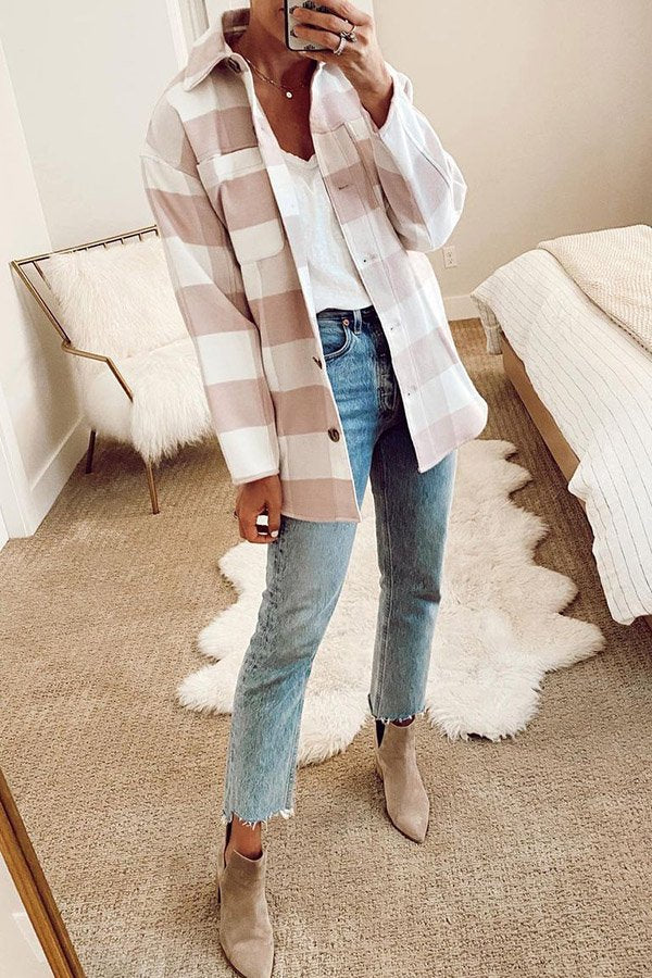 Lapel Button Down Tie Waist Plaid Shacket