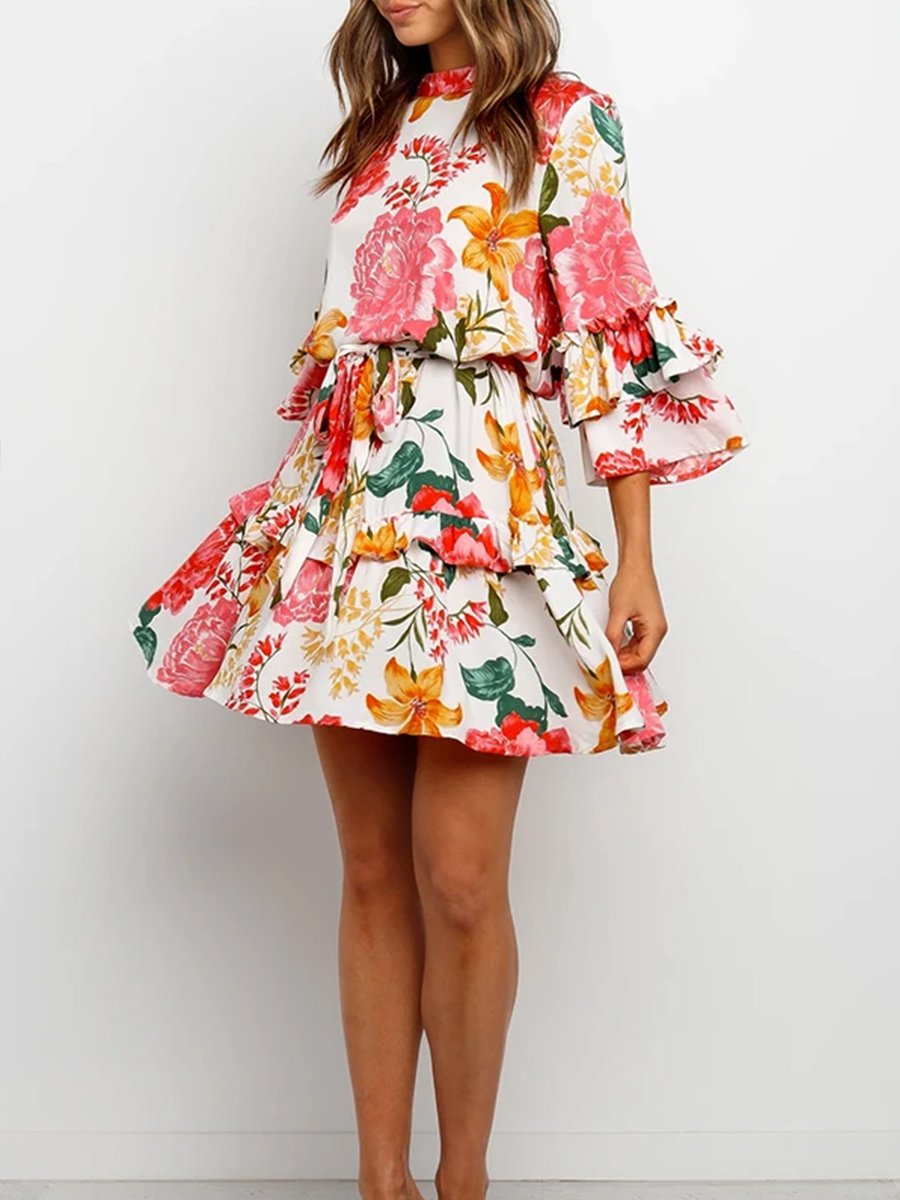 Floral Print Round Collar Pleated Dress