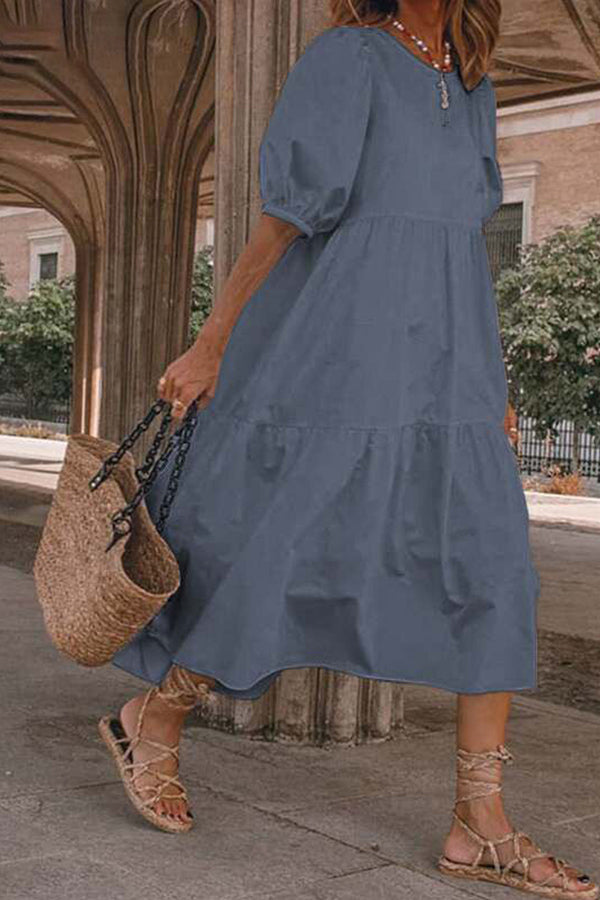 Vacation Puff Sleeve Solid Color Dress