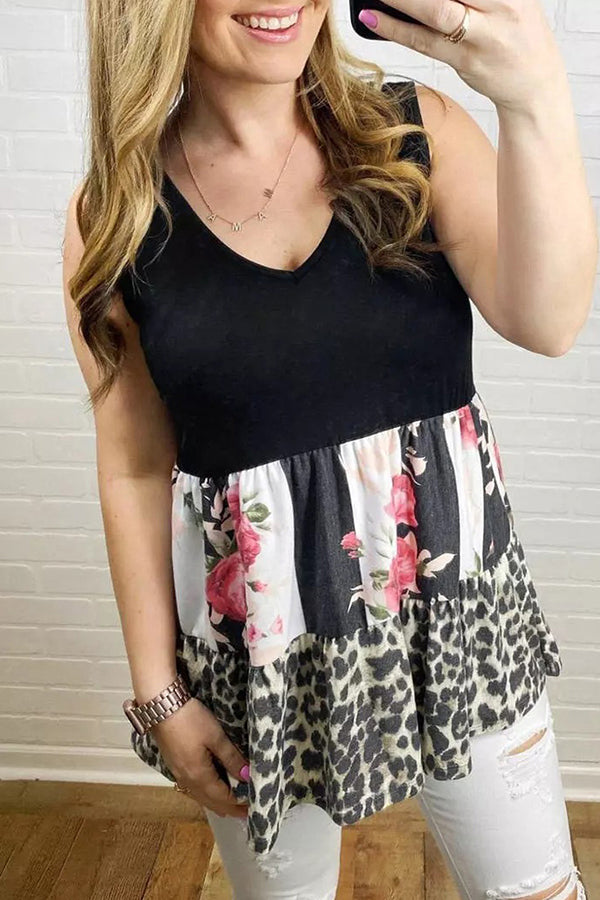 The New Leopard-print Floral Patchwork V-neck Trim Sleeveless Vest