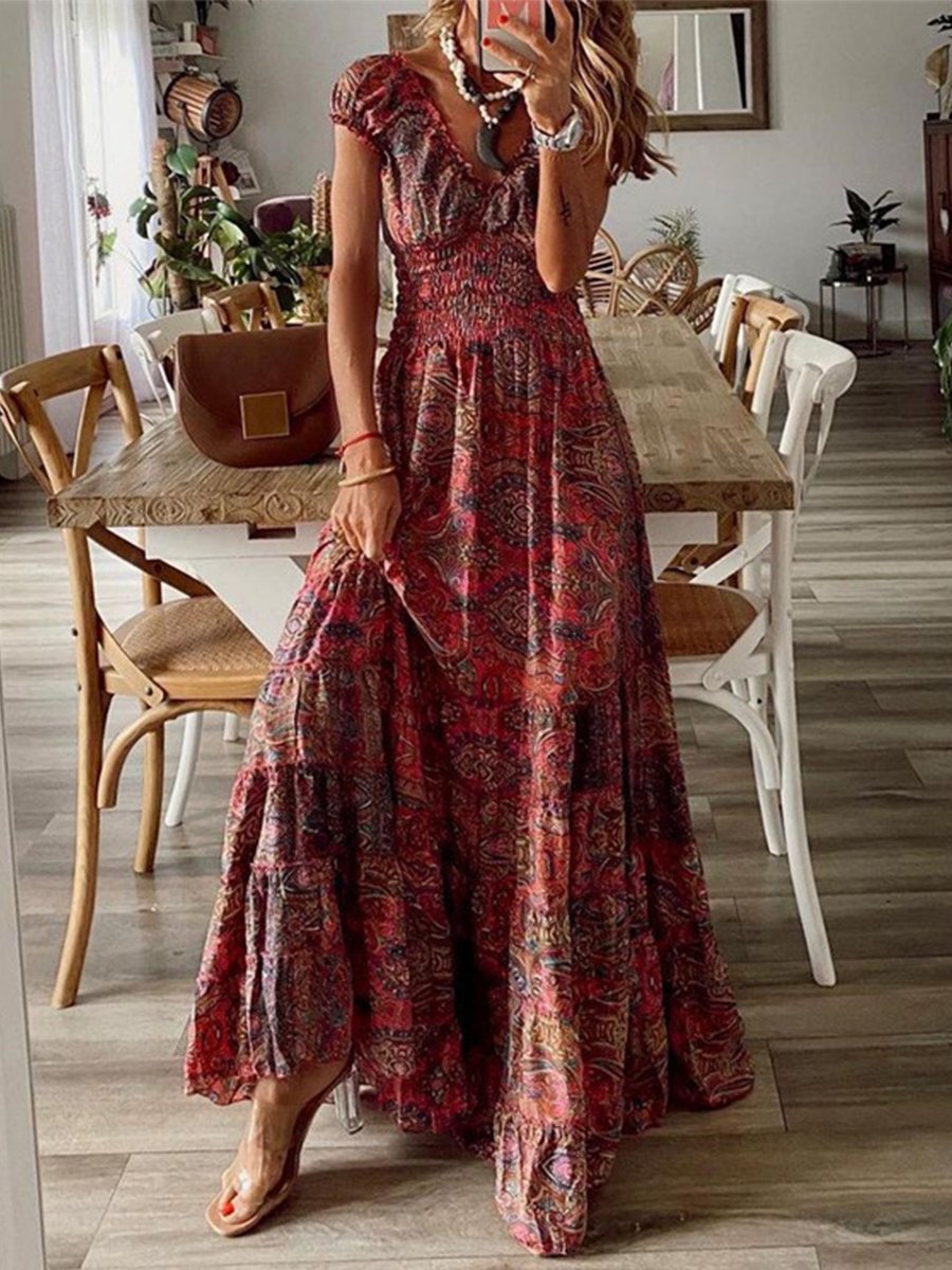 V-neck Smocked High-waist Boho Print Maxi Dress
