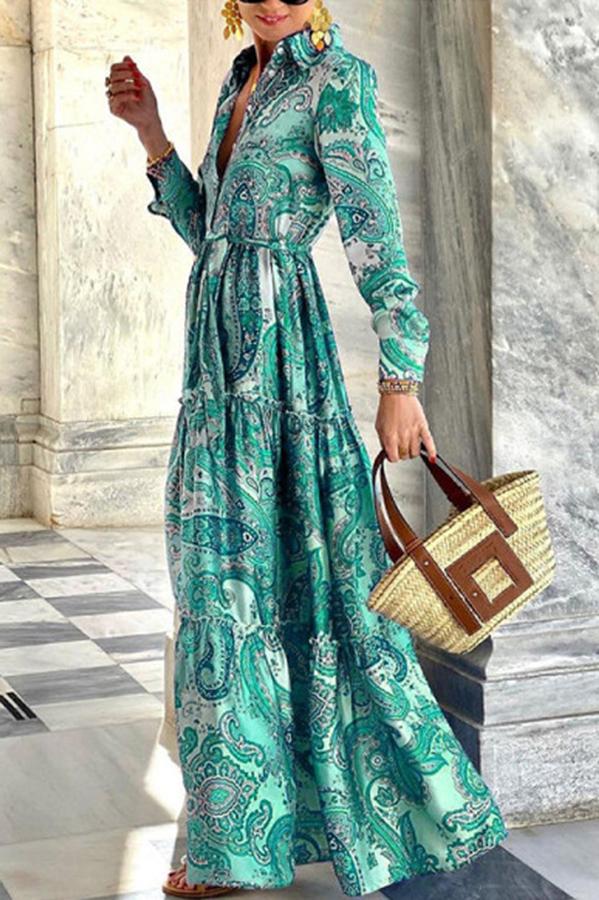 Retro Print Long Sleeve Shirt Dress
