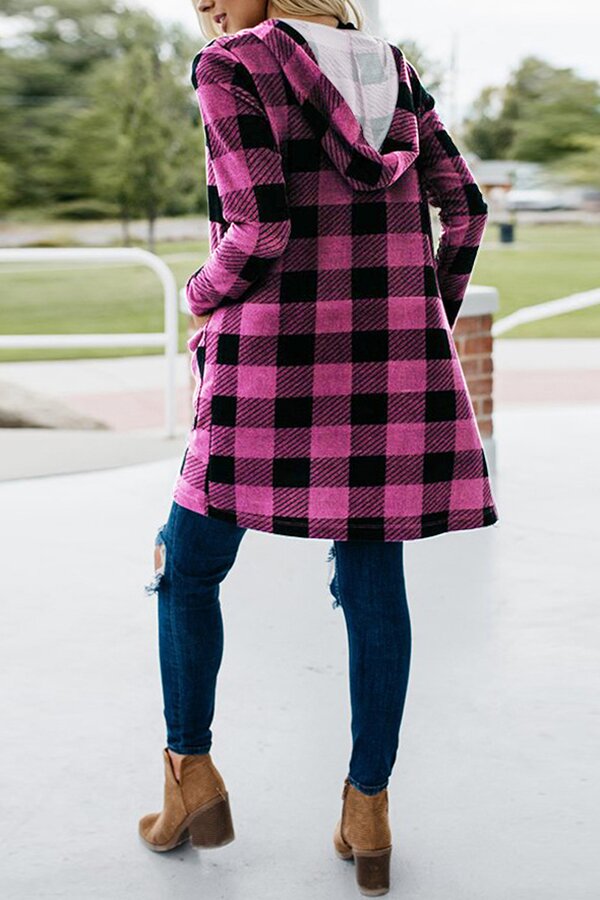 Hooded Plaid Long Sleeve Button Down Pocket Coat