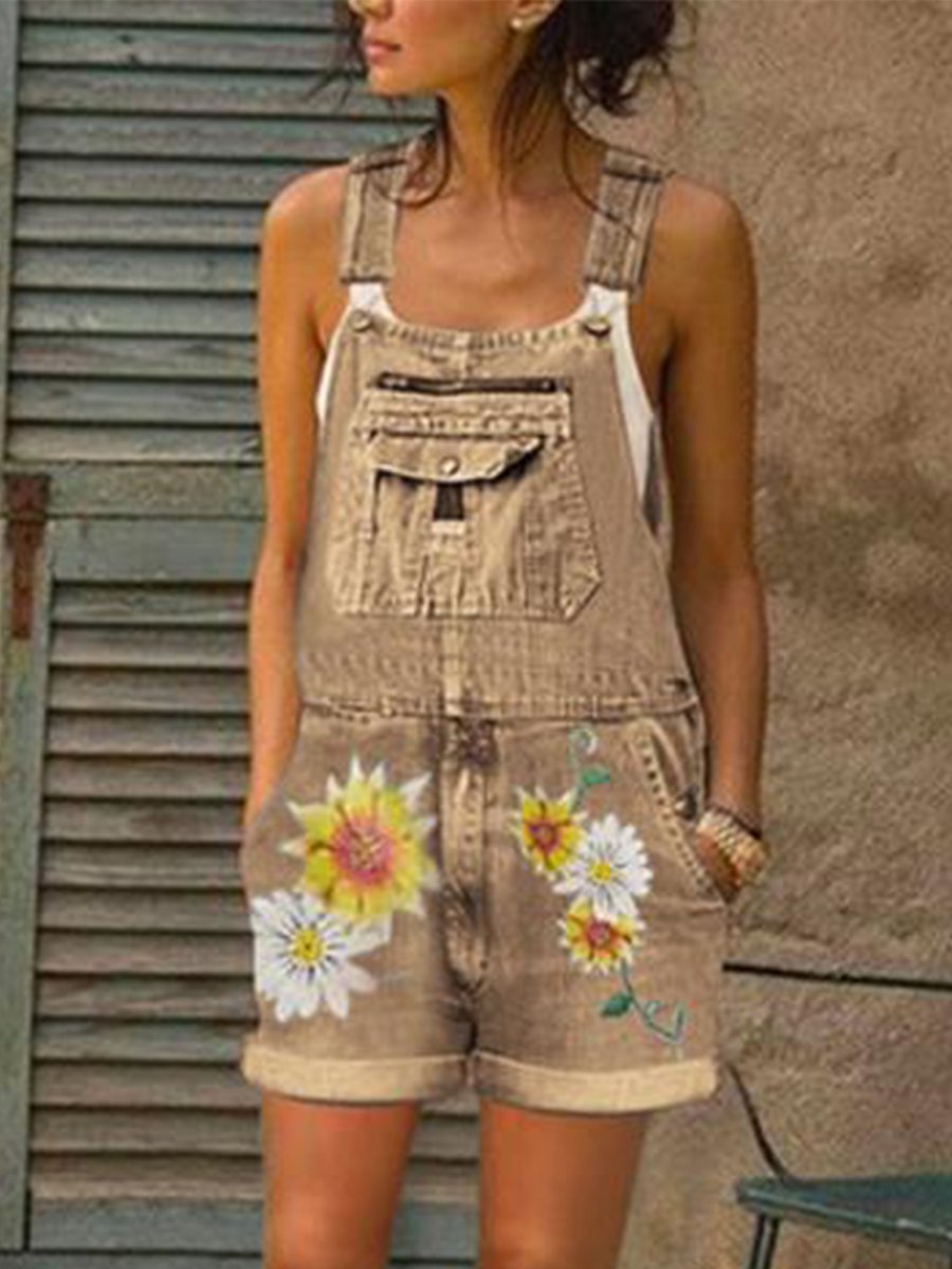 Casual Daisy Print Pockets Washed Denim Shortalls