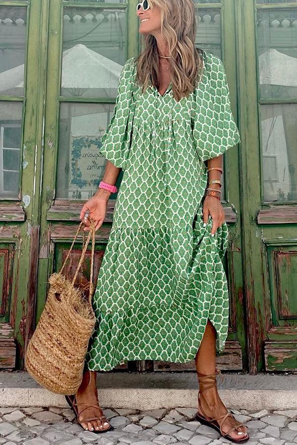 Printed V-neck Mid-sleeve Dress