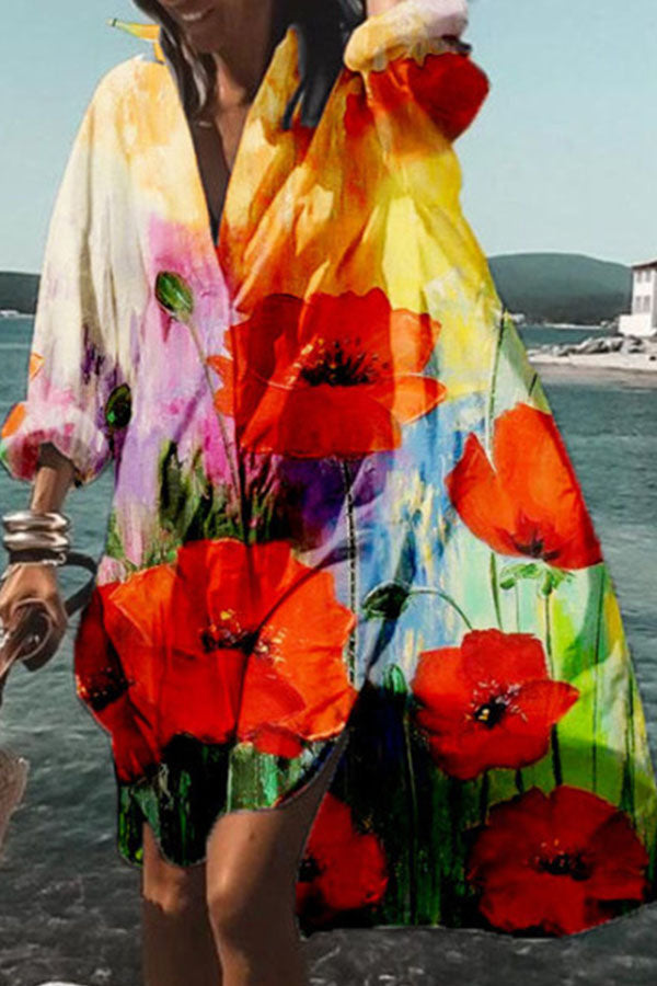 Casual Floral Long V-neck Shift Dress