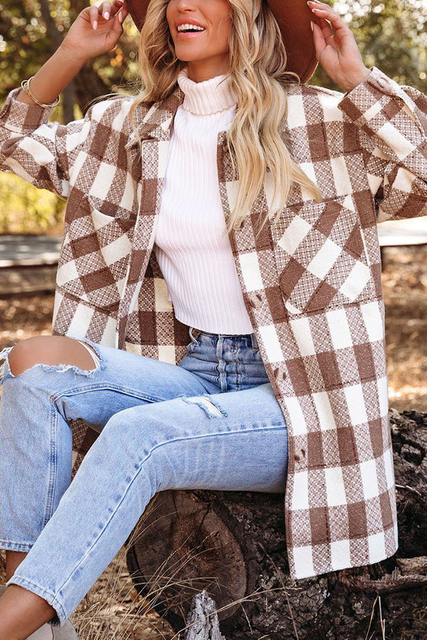 Checked Lapel Single-breasted Patch Pocket Midi Coat