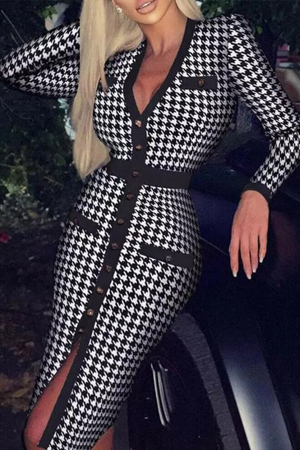 Houndstooth/Rhombus Print Long-sleeved V-neck Button Bodycon Dress