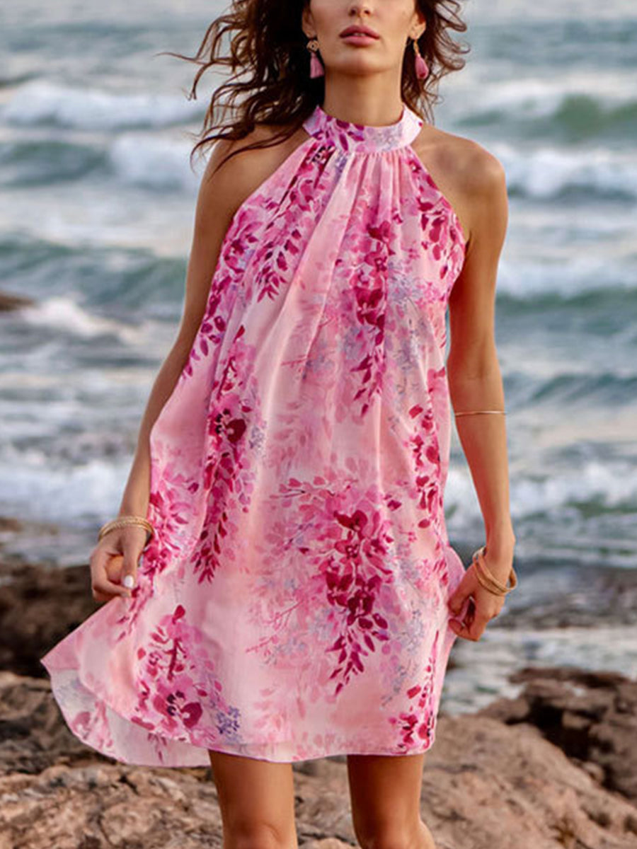 Halter Neck Sleeveless Print Chiffon Mini Dress
