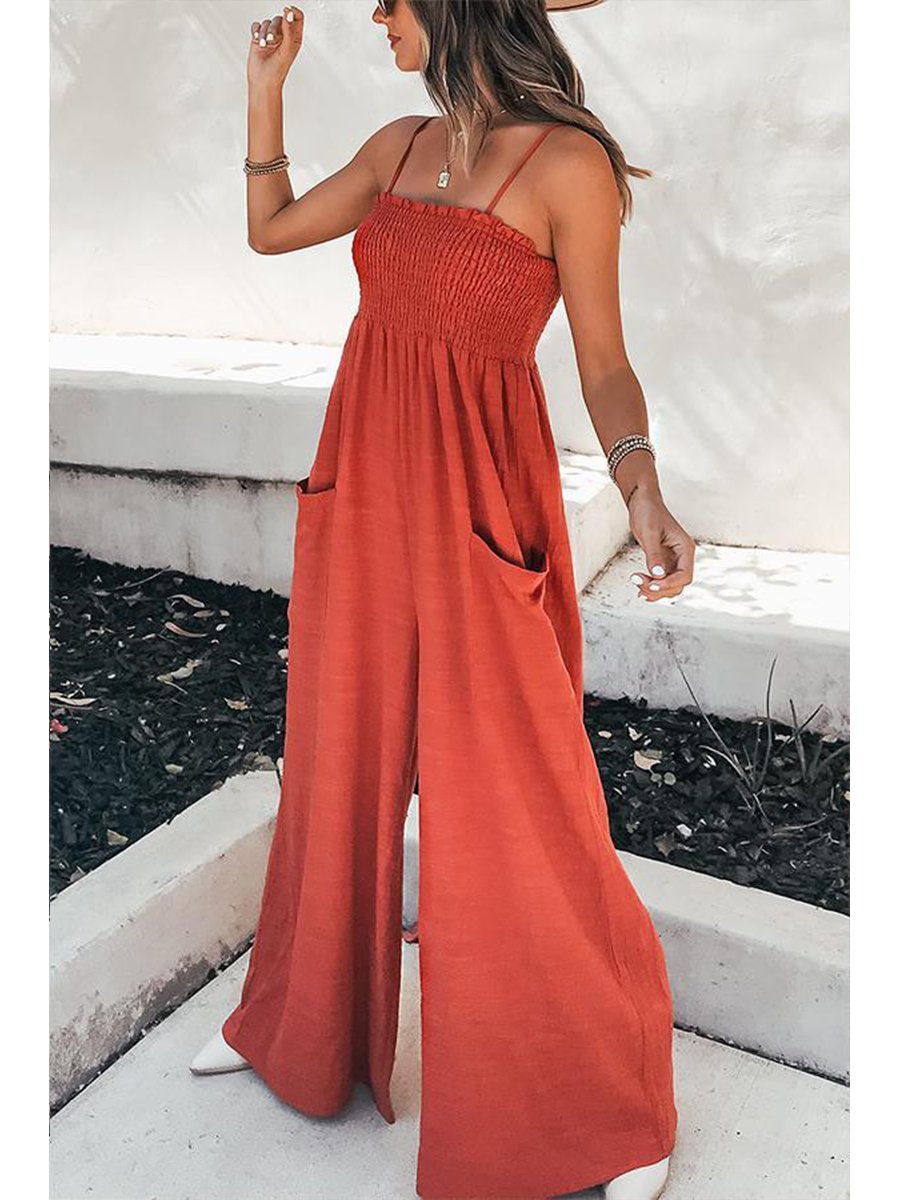 Casual Solid Color Pockets Jumpsuit