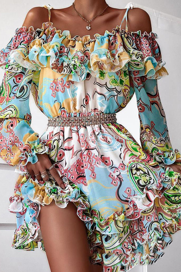 Printed Ruffled Off-the-shoulder Dress