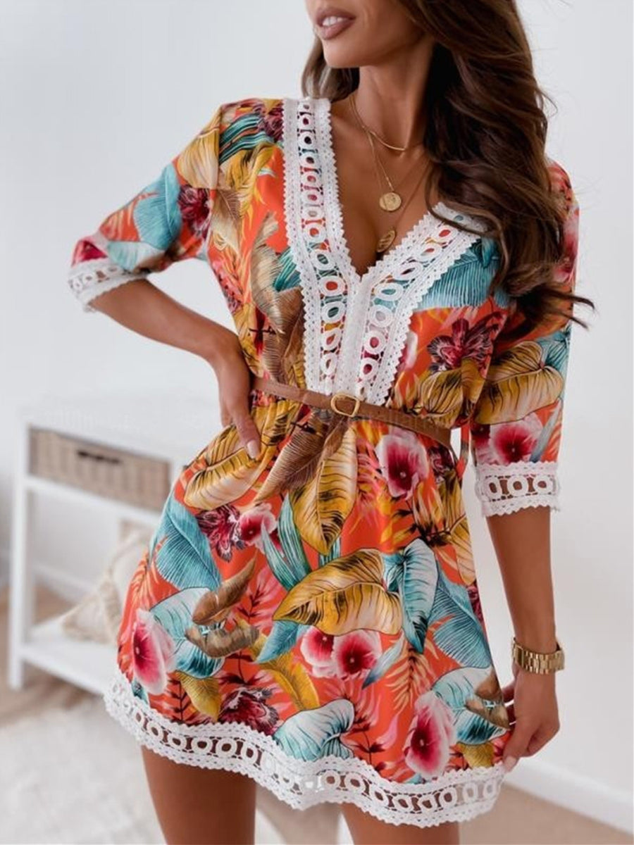 V-neck Print Lace Stiching Mini Dress