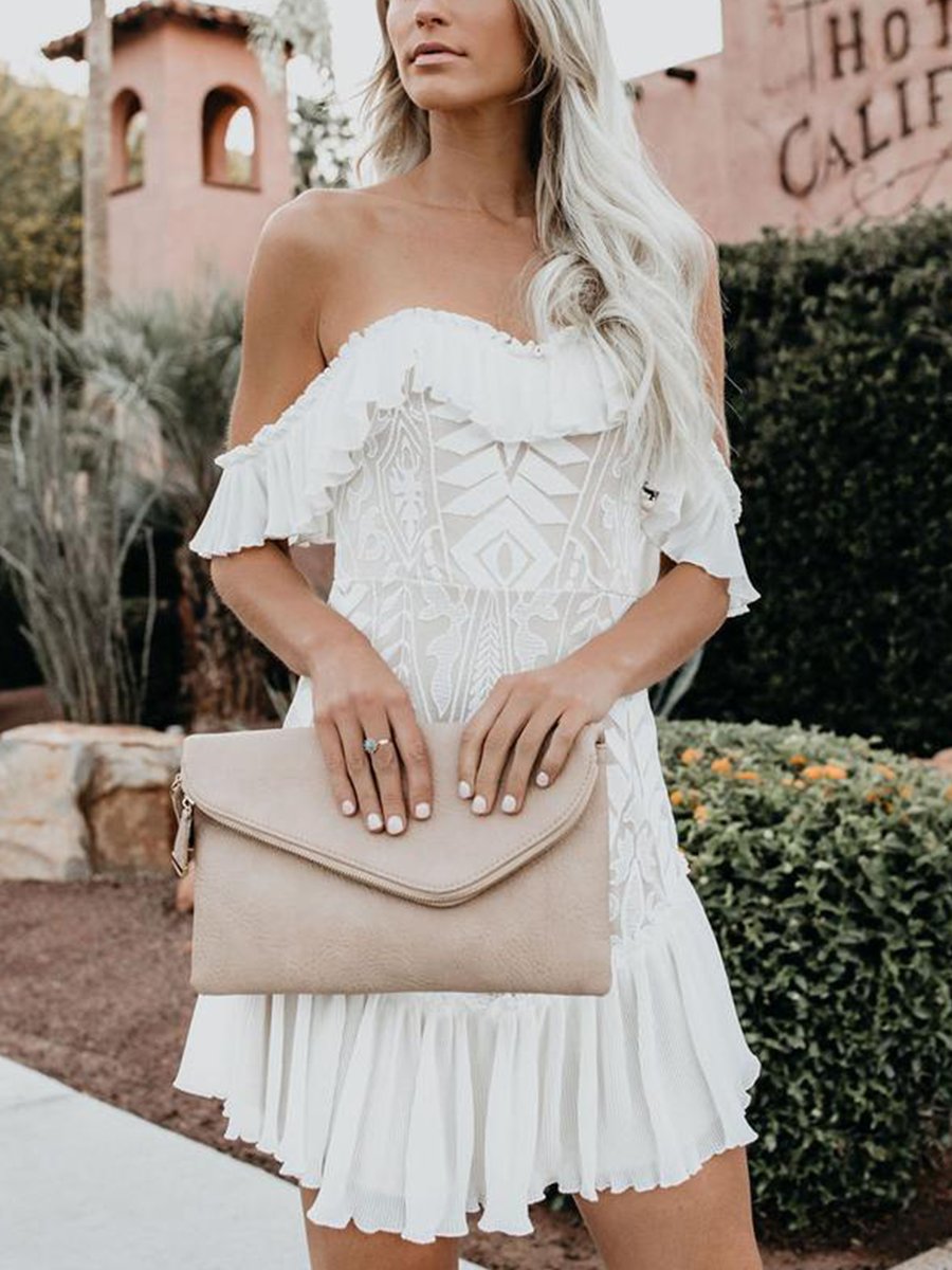 Bouquet Toss Lace Off The Shoulder Pleated Ruffle Dress
