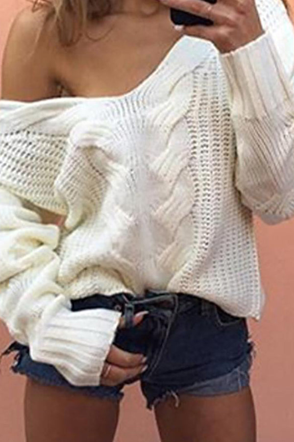 Long Sleeve Hollow Out Knit V-Neck Sweater