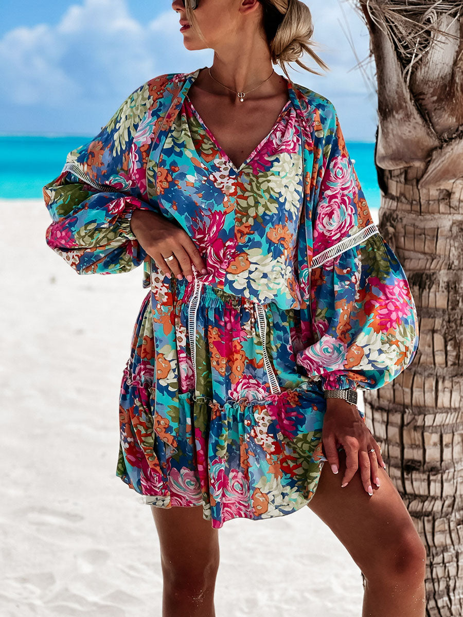 Balloon Sleeve Boho Print V-neck Mini Dress