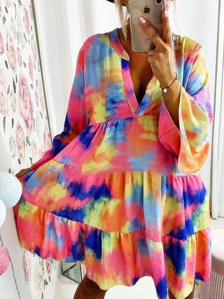 Long Sleeve Tie-dye Deep V Loose Dress