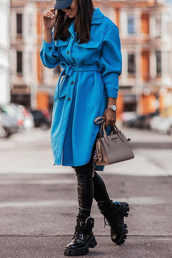Pure Color Woolen Tie Trench Coat