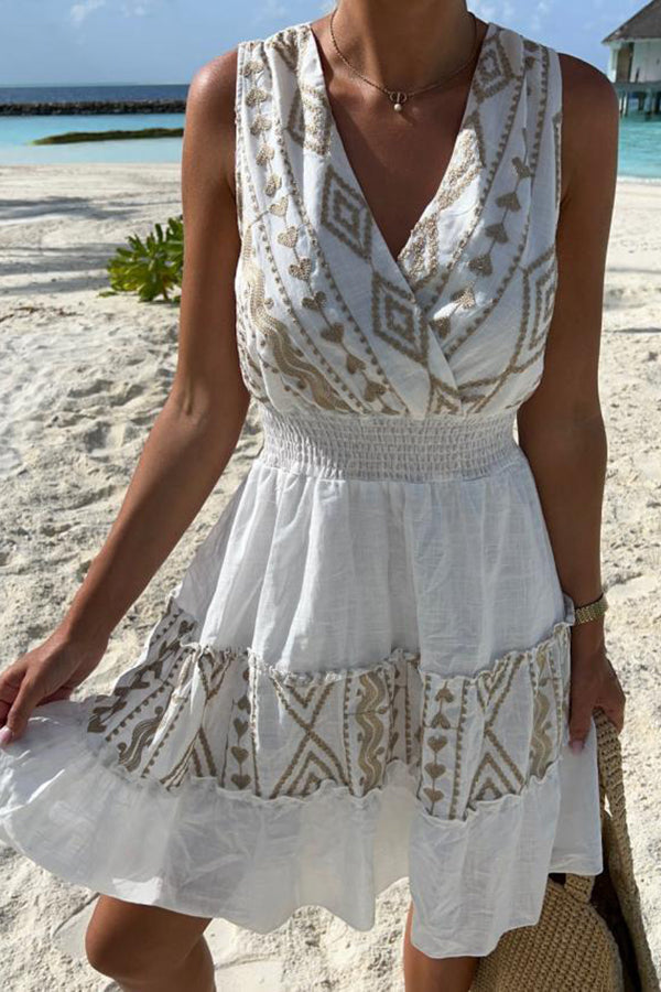 Fashion V-neck Sleeveless Embroidered Print Dress