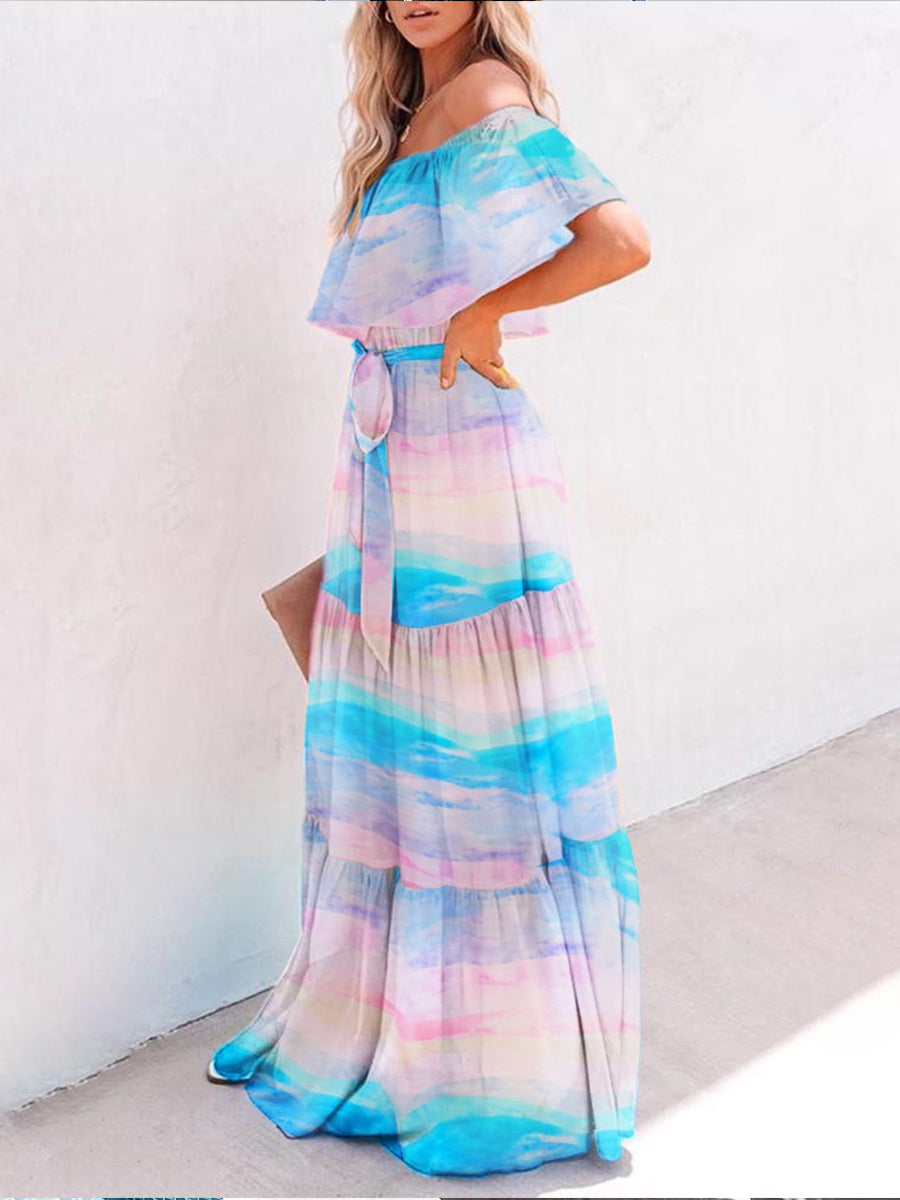 Print Off Shoulder Layered Ruffles Maxi Women Dress