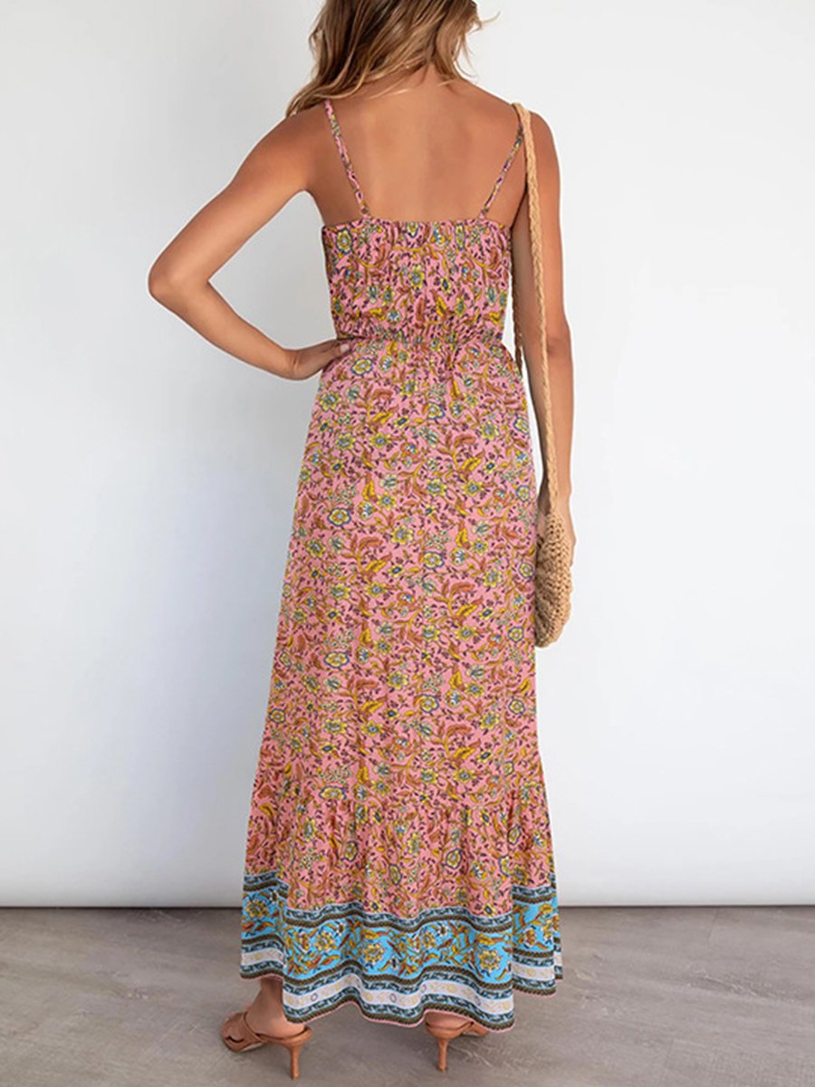 Straps U-neck Floral Print Maxi Dress