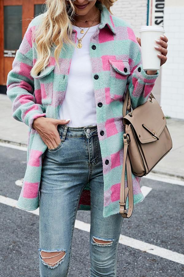 Lapel Long-sleeved Plaid Woolen Shirt Jacket