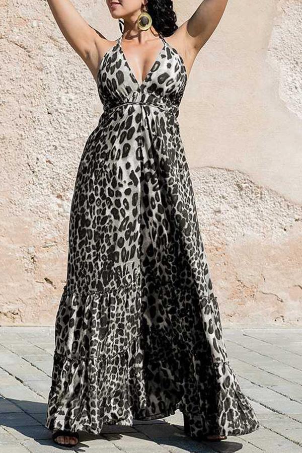 Deep V-Neck Leopard Print Sphagetti Maxi Dress