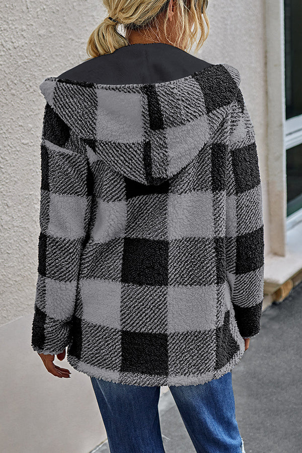 Checked Double-sided Plush Cardigan