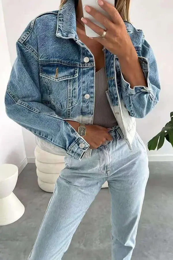 White And Blue Color Matching Denim Jacket