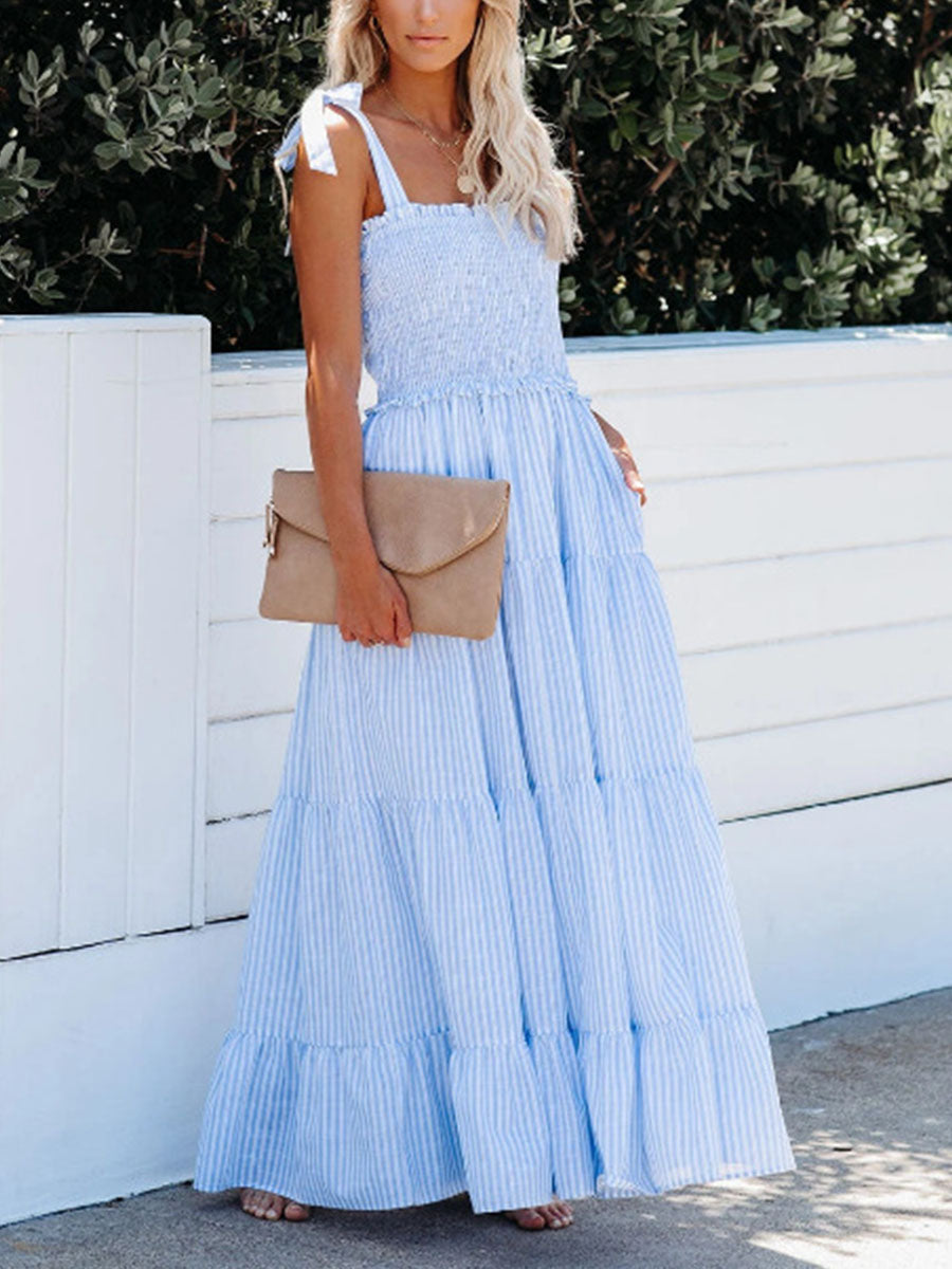 Casual Straps Striped Maxi Pleated Dress