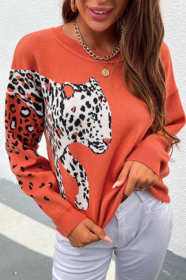 Long Sleeve Animal Print Round Neck Sweater