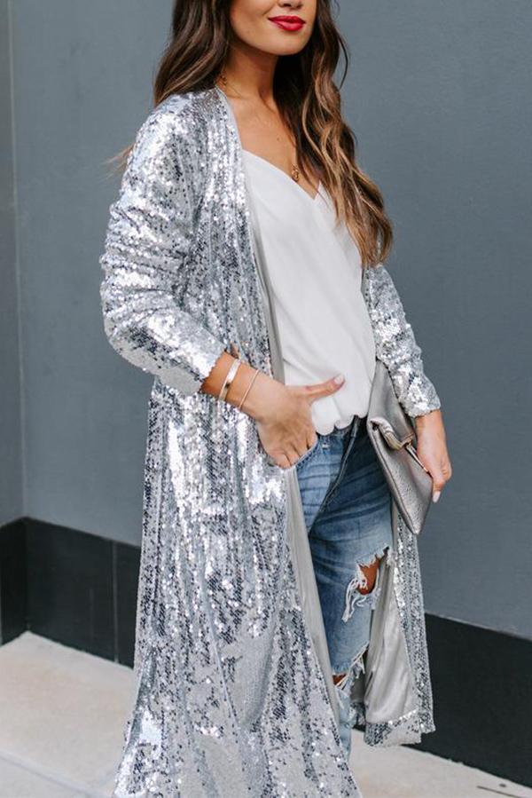 Colorful Sequins Three-quarter Sleeve Buttonless Jacket