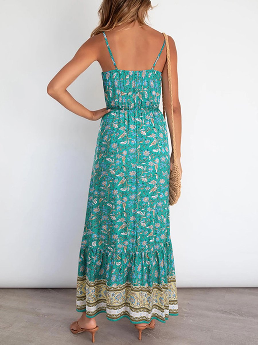 Straps U-neck Floral Print Maxi Dress