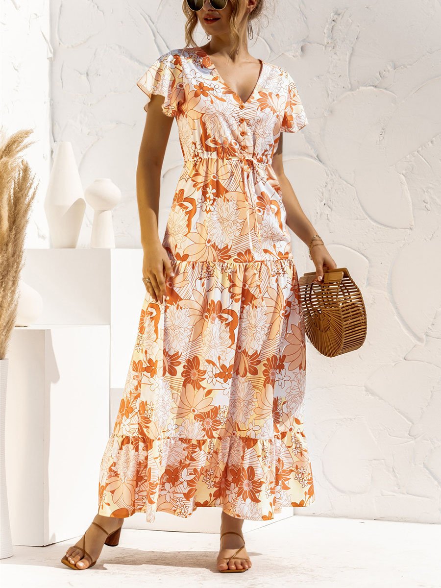 V-neck Floral Print Maxi Dress