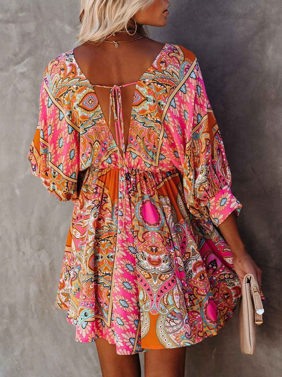 Multicolour V Neck 3/4 Sleeve Bohemian Mini Dress