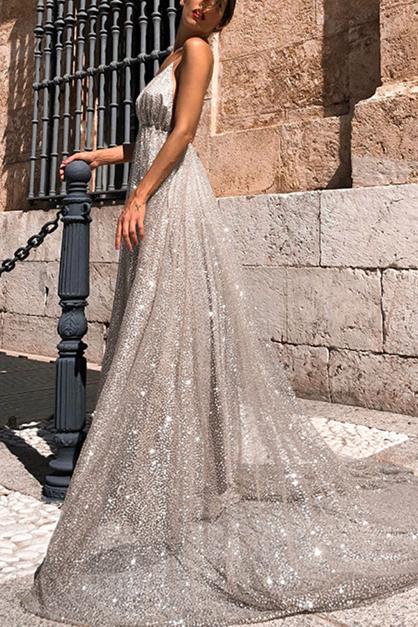 Cut Out Shoulders and A V Neck Shape Sparkly Dress