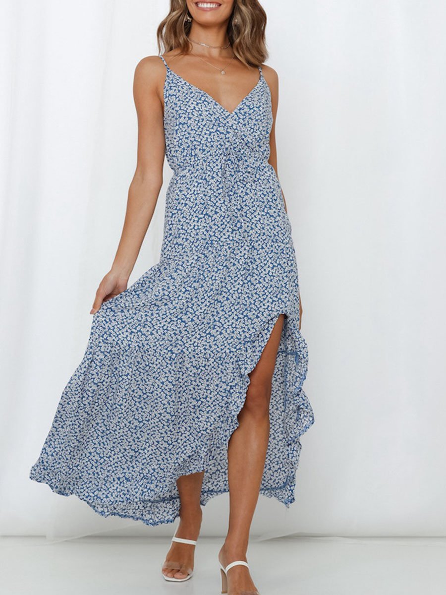 Floral print irregular V-neck Ruffle suspender maxi dress