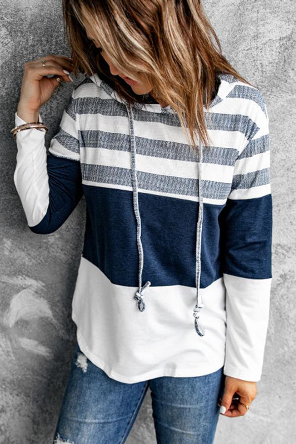 Color Block Striped Drawstring Hoodie