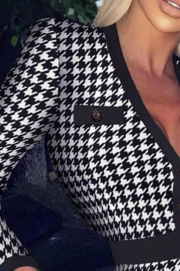 Houndstooth/Rhombus Print Long-sleeved V-neck Button Bodycon Dress
